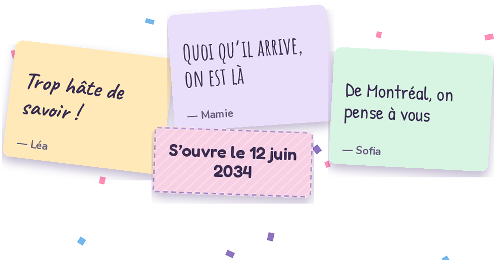 Quatre post-its sur le mur d’une révélation. Trois portent un mot écrit à la main : « Trop hâte de savoir ! » par Léa, « Quoi qu’il arrive, on est là » par Mamie, « De Montréal, on pense à vous » par Sofia. Le quatrième est scellé : on n’y lit que « S’ouvre le 12 juin 2034 ».
